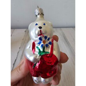 Vintage Poland bear Daisy glass ornament overalls Xmas‎ tree